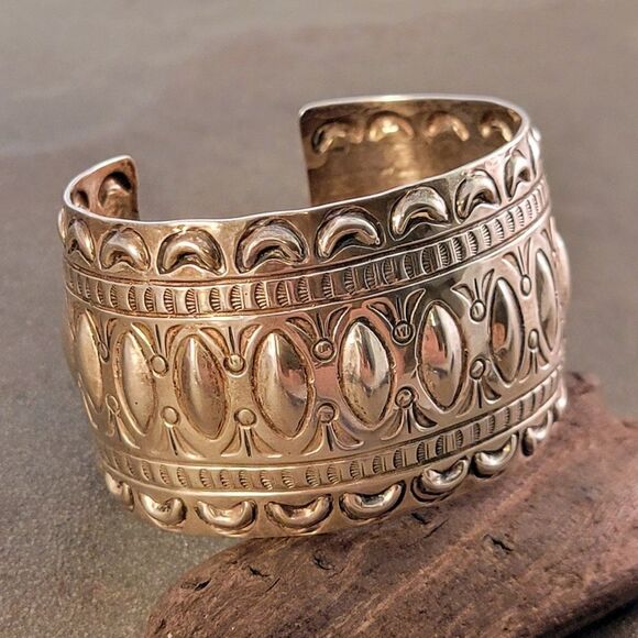 Marcella James Sterling Silver Navajo Stamped Wide Cuff Bracelet - Picture 9 of 13